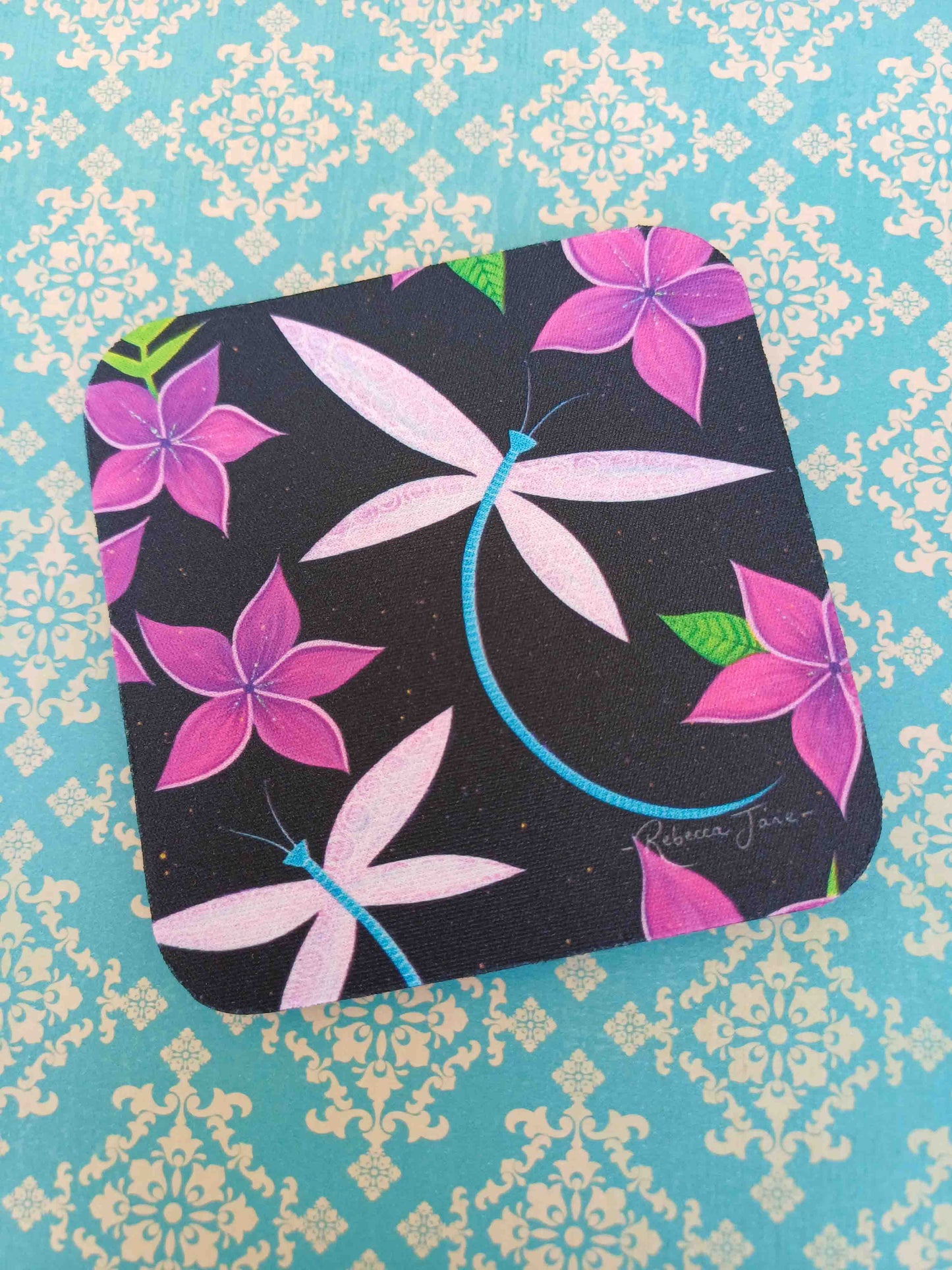 Dragonflies & Frangipanis Black Coaster