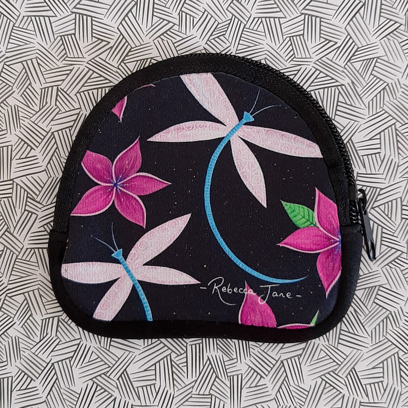 Dragonflies & Frangipanis Black Coin Pouch
