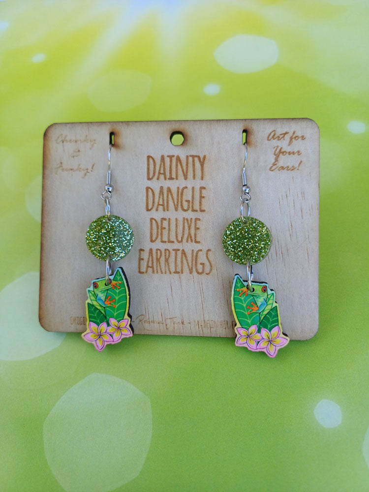 Green Tree Frog Dainty Dangle Deluxe Earrings