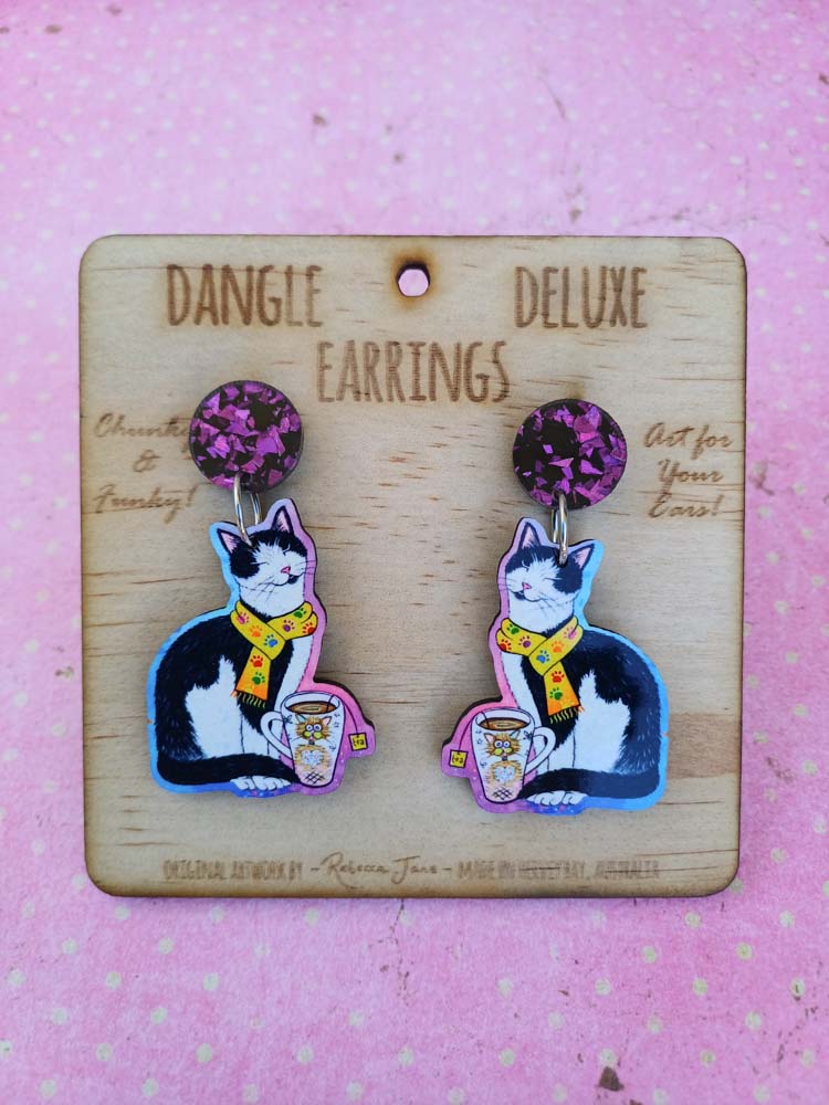 Cozy Cat Cuppa Dangle Deluxe Earrings