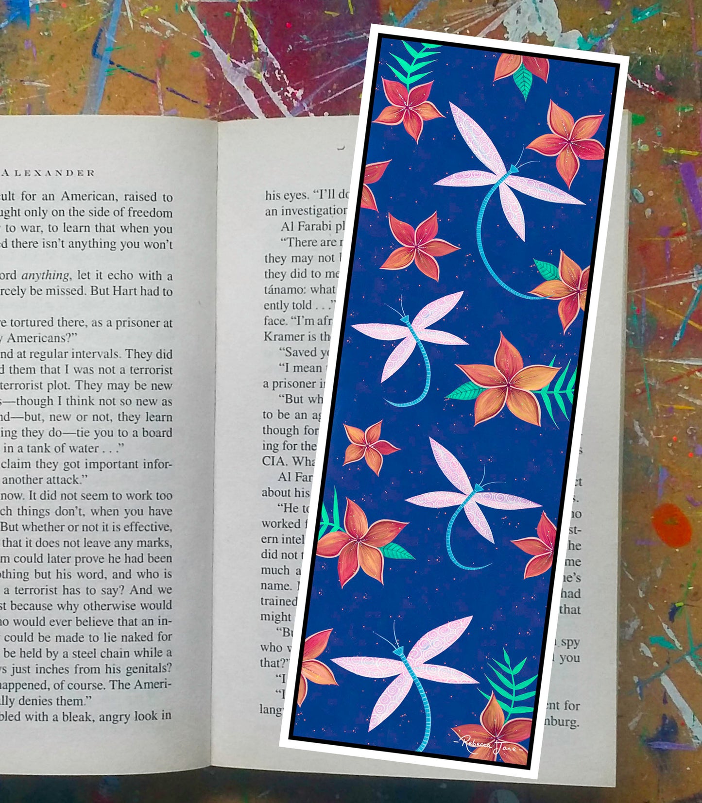 Dragonflies & Frangipanis Blue Bookmark