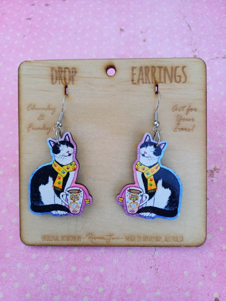 Cozy Cat Cuppa Drop Earrings