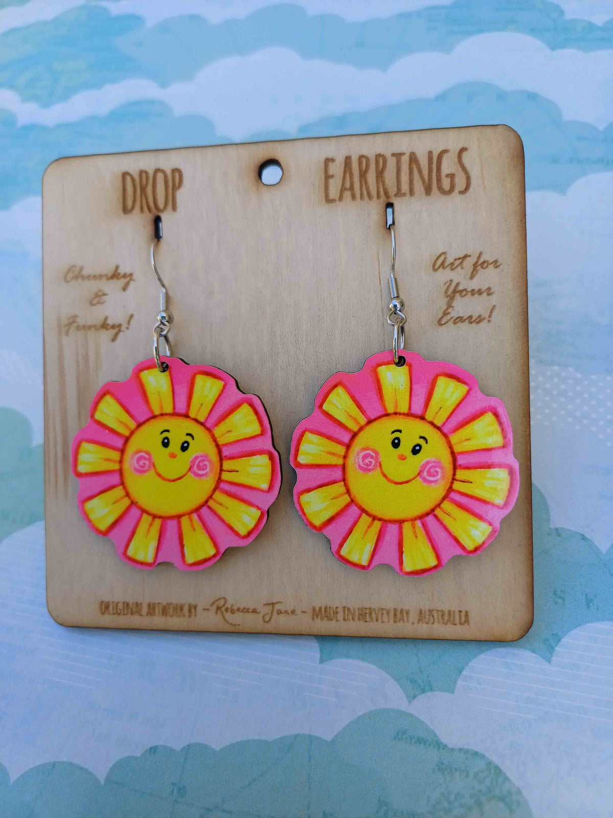 Pink Sun Smile Drop Earrings