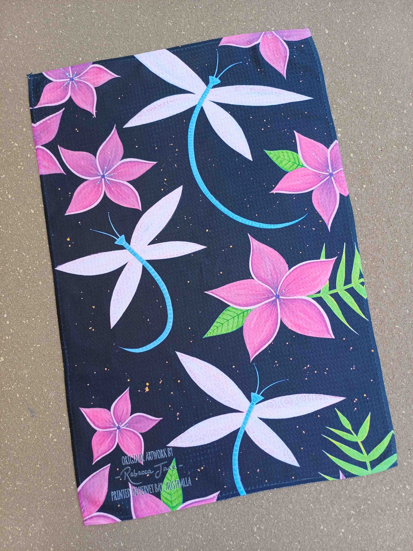 Dragonflies & Frangipanis Tea Towel