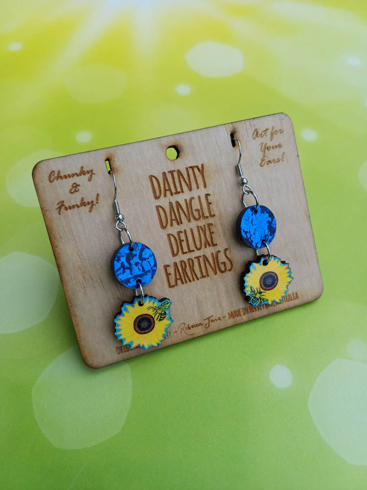 Sunflowers n Bees Dainty Dangle Deluxe Earrings