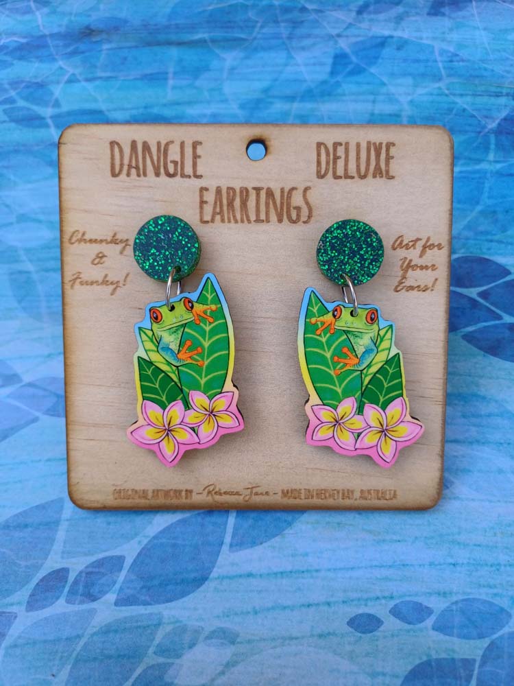Green Tree Frog Dangle Deluxe Earrings