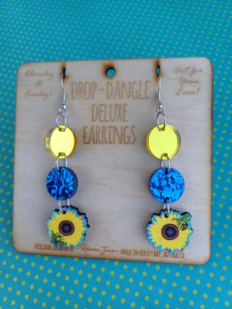 Sunflowers n Bees Drop Dangle Deluxe Earrings