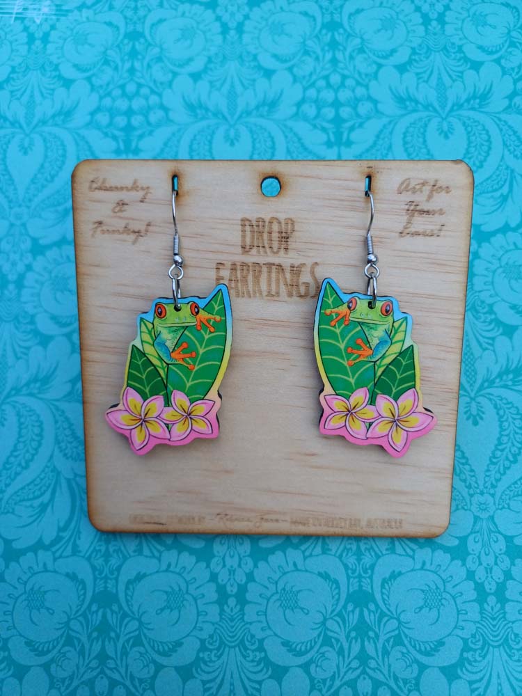 Green Tree Frog Drop Earrings