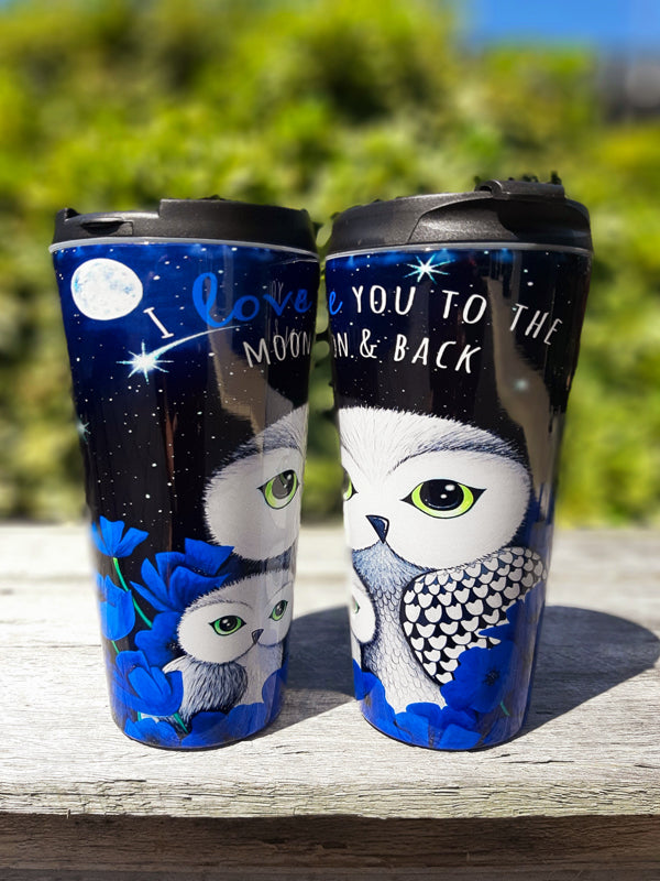Owls in Poppies Blue Travel Mug - Stainless Steel