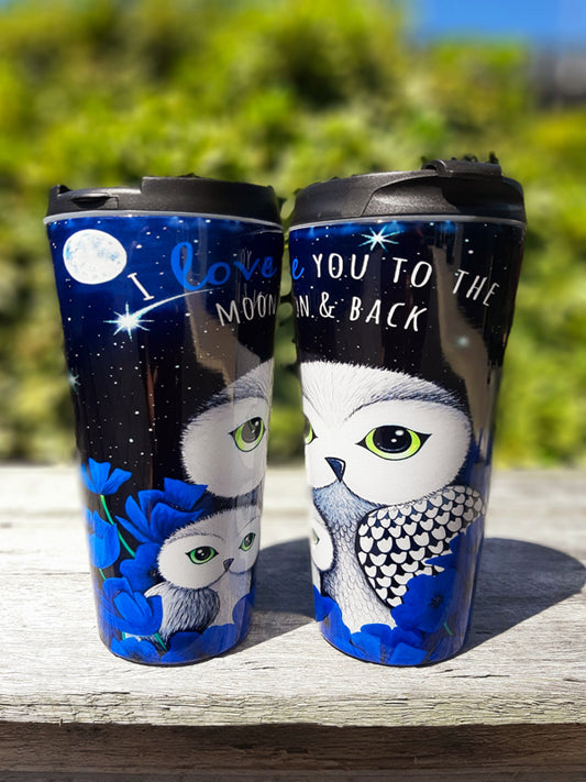 Owls in Poppies Blue Travel Mug - Stainless Steel