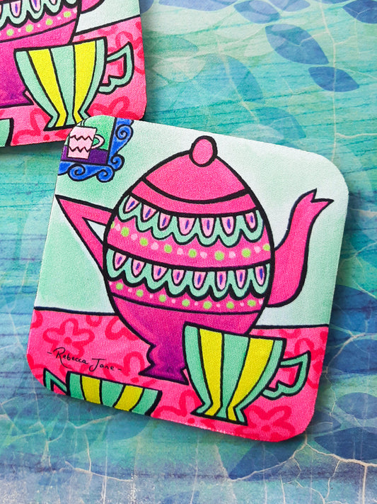 Pink Teapot with Cups Coaster