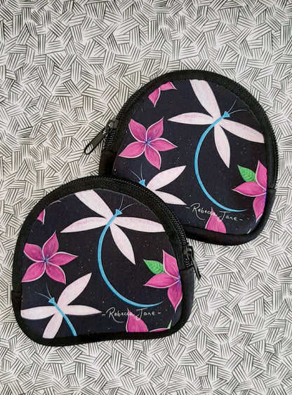 Dragonflies & Frangipanis Black Coin Pouch