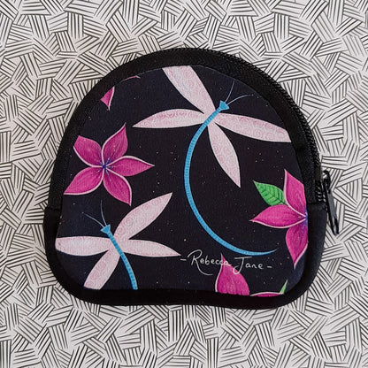 Dragonflies & Frangipanis Black Coin Pouch