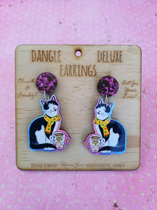 Cozy Cat Cuppa Dangle Deluxe Earrings