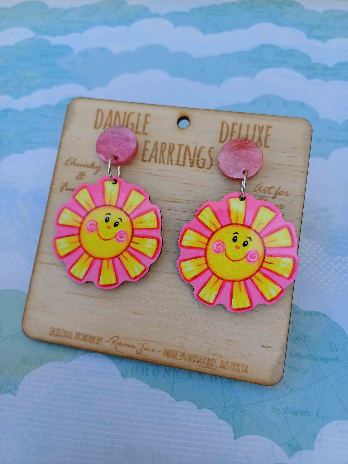 Pink Sun Smile Dangle Deluxe Earrings
