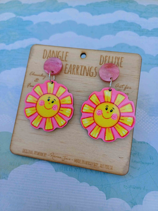 Pink Sun Smile Dangle Deluxe Earrings