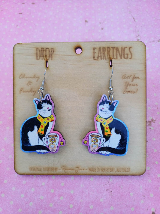Cozy Cat Cuppa Drop Earrings