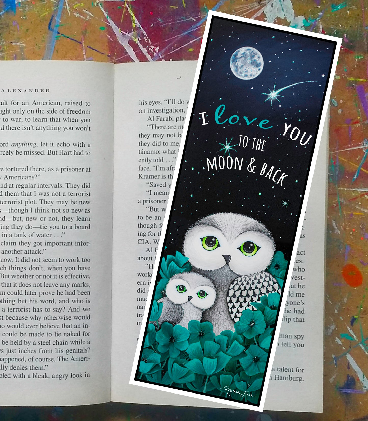 Owls in Poppies Aqua Bookmark