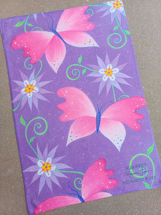 Boho Butterflies Magenta Tea Towel