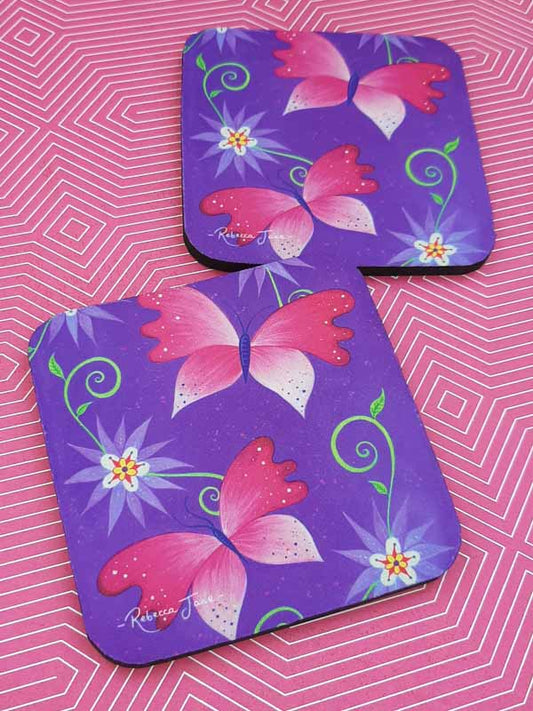 Boho Butterflies Magenta Coaster