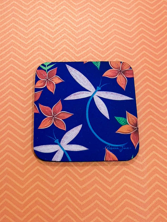 Dragonflies & Frangipanis Blue Coaster