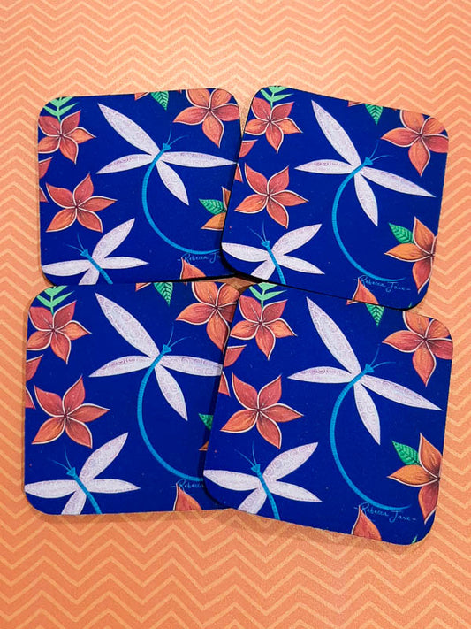 Dragonflies & Frangipanis Blue Coaster