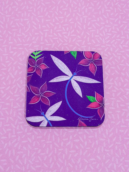 Dragonflies & Frangipanis Purple Coaster
