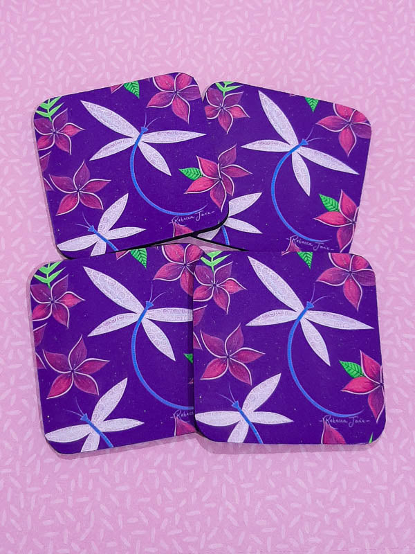 Dragonflies & Frangipanis Purple Coaster