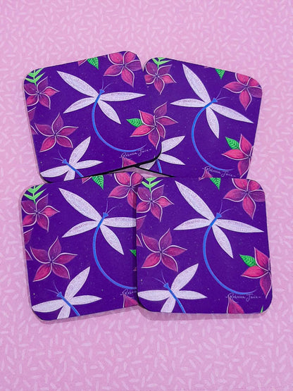 Dragonflies & Frangipanis Purple Coaster