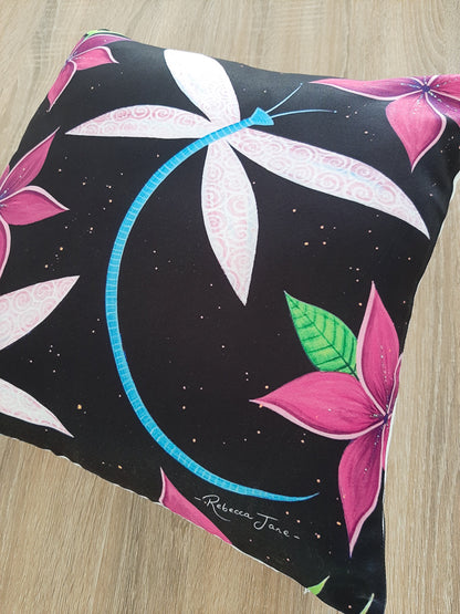 Dragonflies & Frangipanis Black Cushion Cover