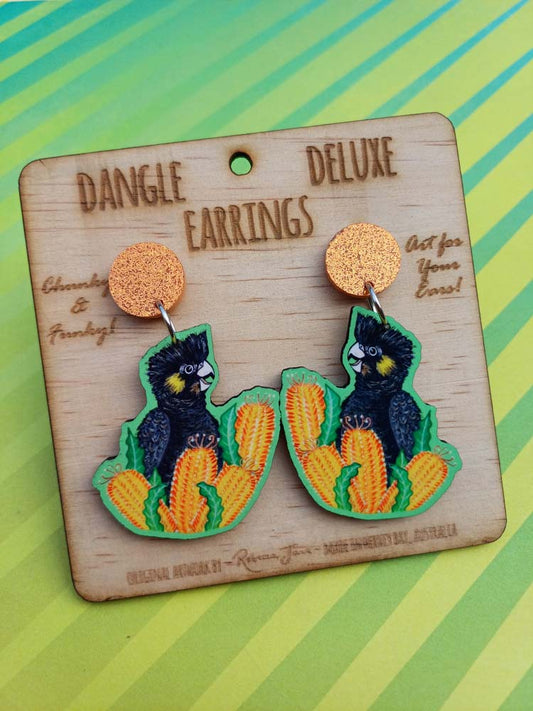 Black Cockatoo Dangle Deluxe Earrings