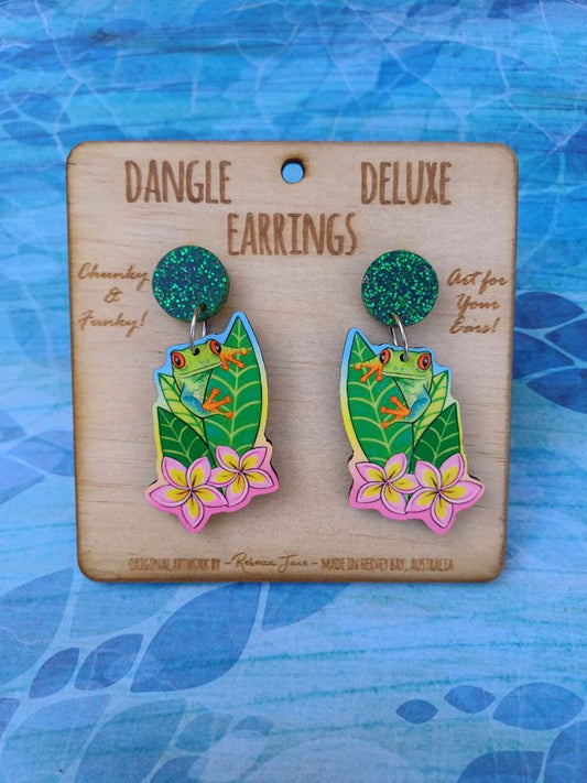 Green Tree Frog Dangle Deluxe Earrings