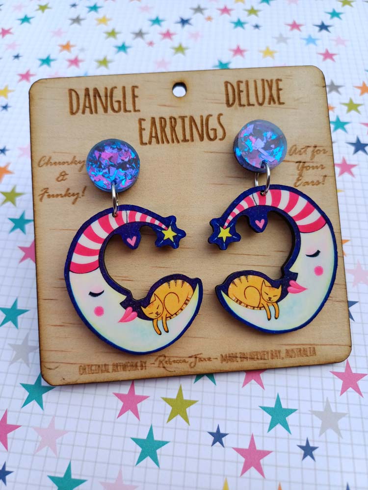 Moon & Cat Dangle Deluxe Earrings