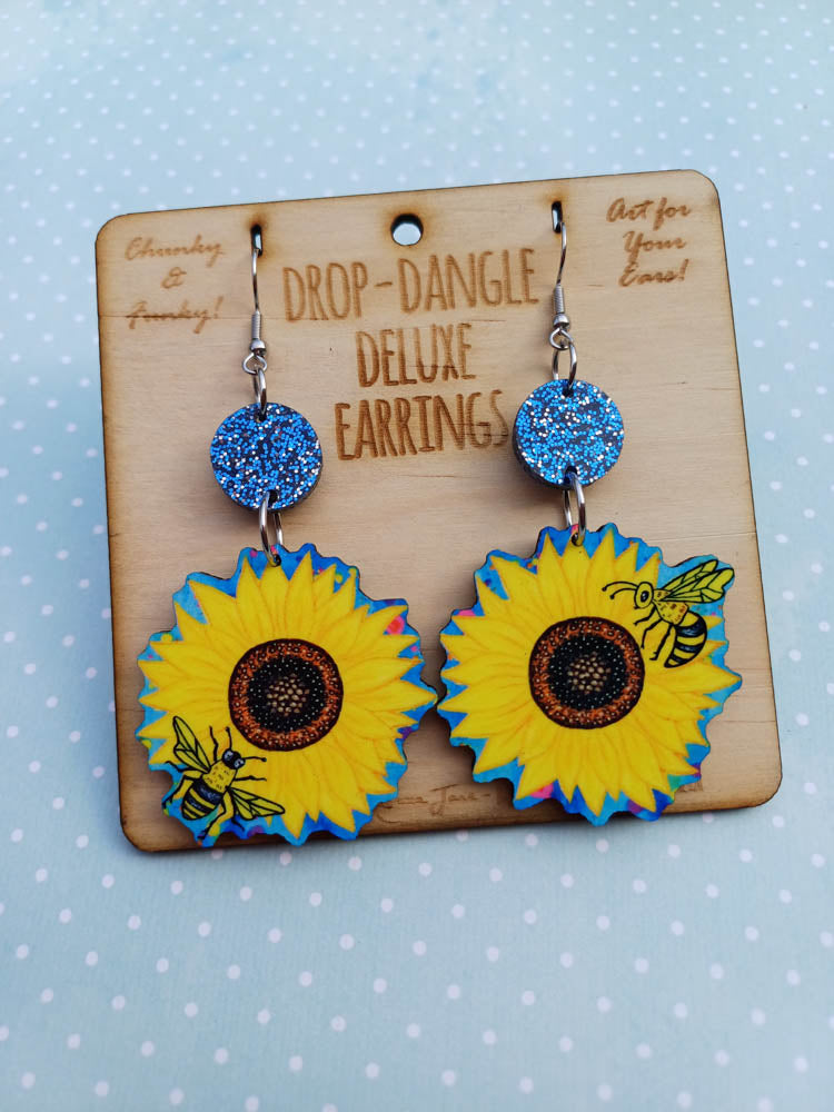 Sunflowers n Bees Dangle Deluxe Earrings