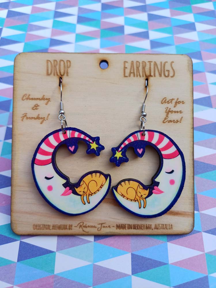 Moon & Cat Drop Earrings