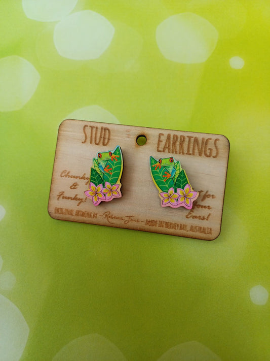 Green Tree Frog Stud Earrings