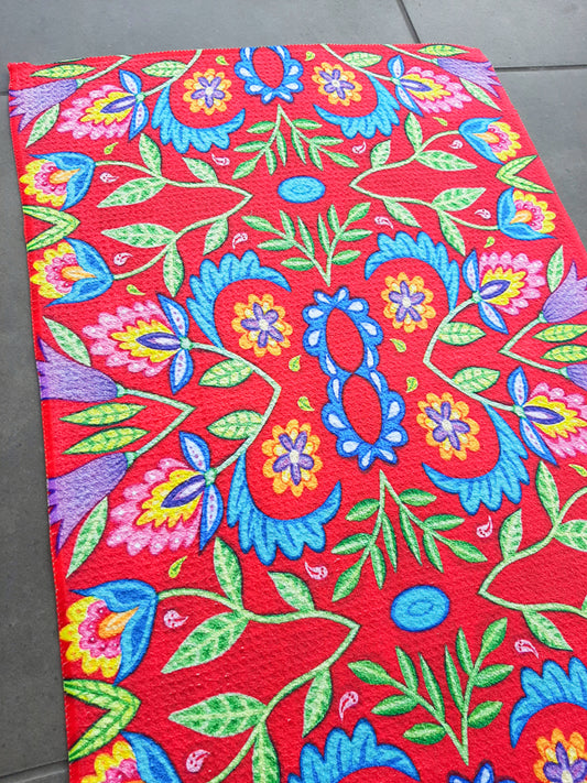 Folky Flowers Red Tea Towel