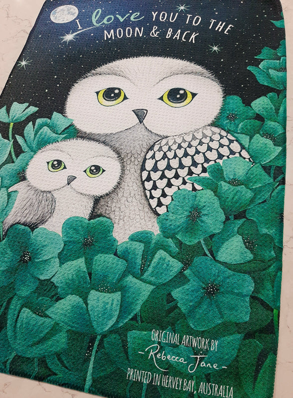 Owls in Poppies Aqua Tea Towel