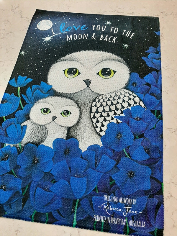 Owls in Poppies Blue Tea Towel