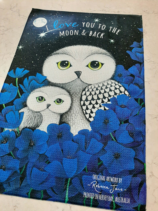 Owls in Poppies Blue Tea Towel