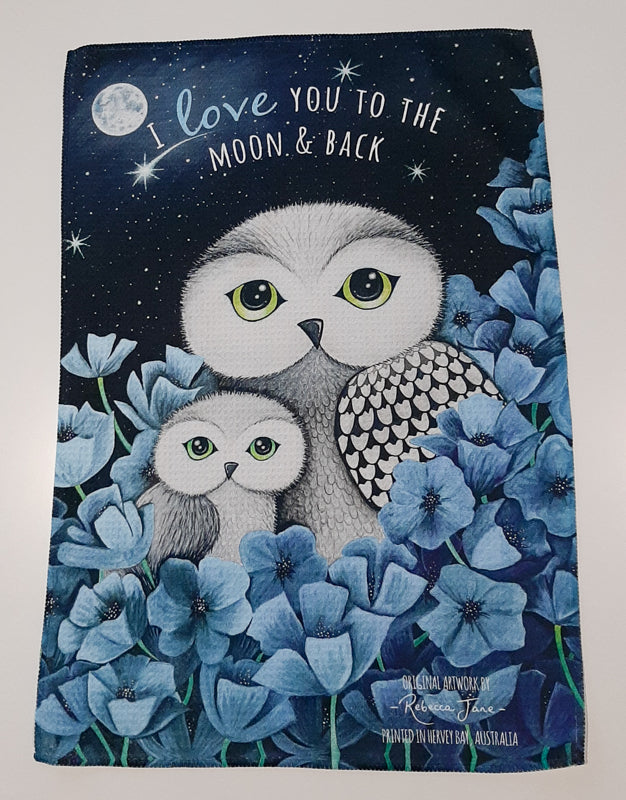 Owls in Poppies Cornflower Tea Towel