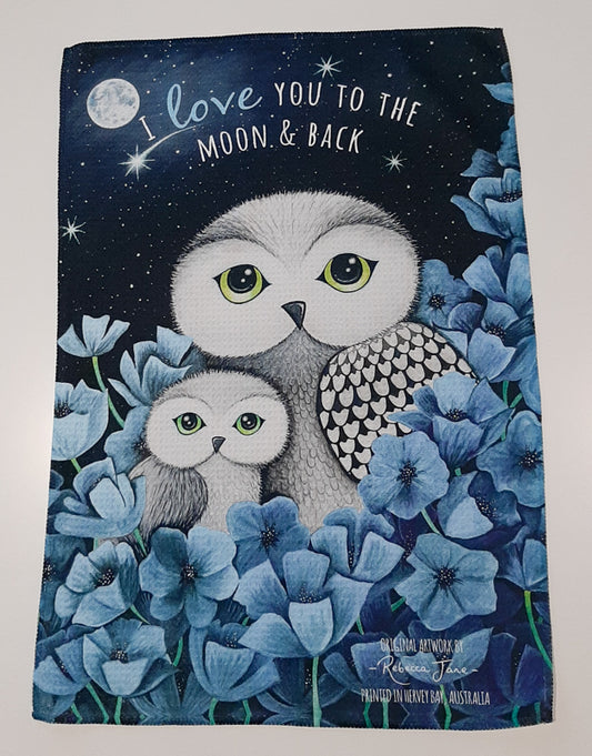 Owls in Poppies Cornflower Tea Towel
