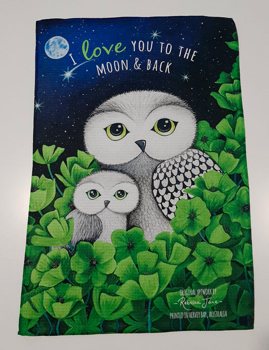 Owls in Poppies Green Tea Towel