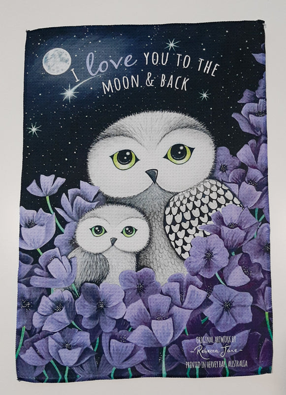 Owls in Poppies Lavender Tea Towel