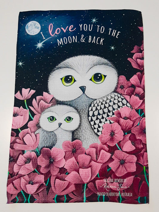 Owls in Poppies Strawberry Tea Towel
