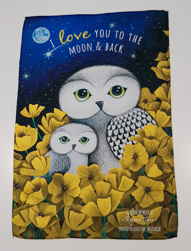 Owls in Poppies Yellow Tea Towel