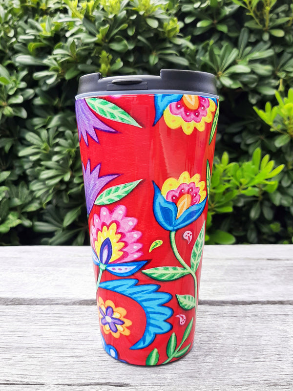 Folky Flowers Red Travel Mug - Stainless Steel