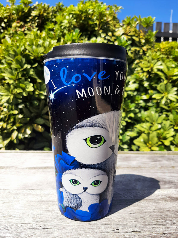 Owls in Poppies Blue Travel Mug - Stainless Steel